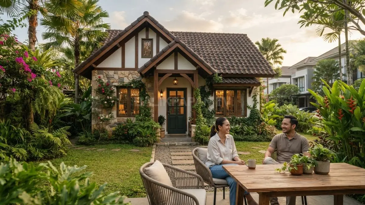 Rumah pedesaan Eropa memadukan batu, kayu, atap khas, warna natural, dan suasana nyaman berkarakter kuat. (BTV/AI)