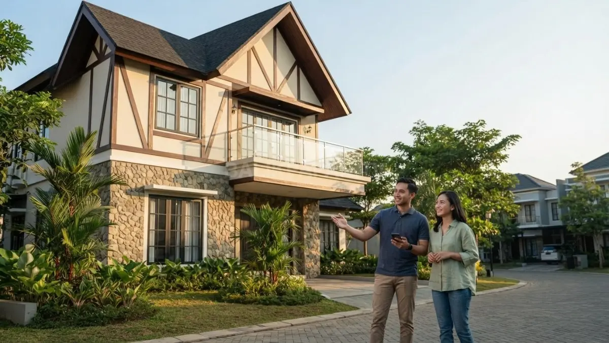 Rumah Tudor Revival dua lantai memadukan aksen kayu gelap, batu alam, atap tinggi, dan jendela besar. (BTV/AI)