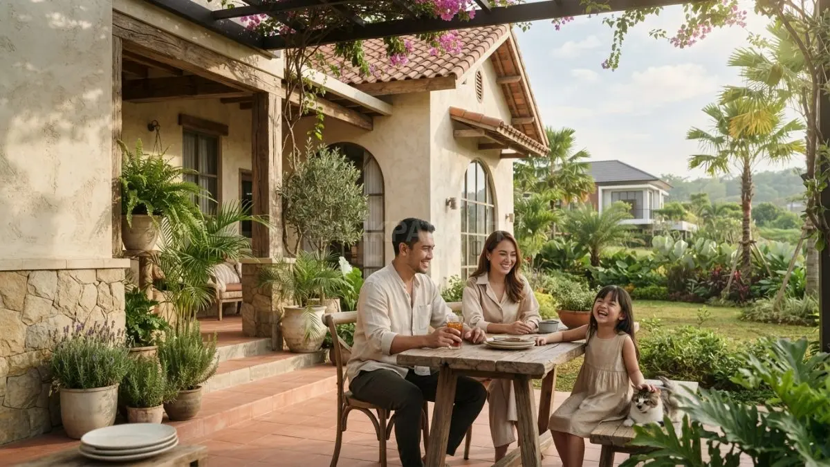 Rumah Tuscan Farmhouse menghadirkan nuansa pedesaan Italia melalui dinding bertekstur, warna tanah, atap genteng, dan teras teduh. (BTV/AI)