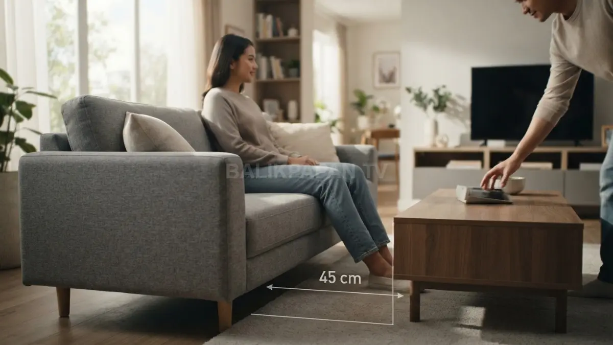 Sofa dan meja tamu berjarak 45 cm, menciptakan ruang kaki nyaman dan sirkulasi mudah untuk aktivitas harian. (BTV/AI)