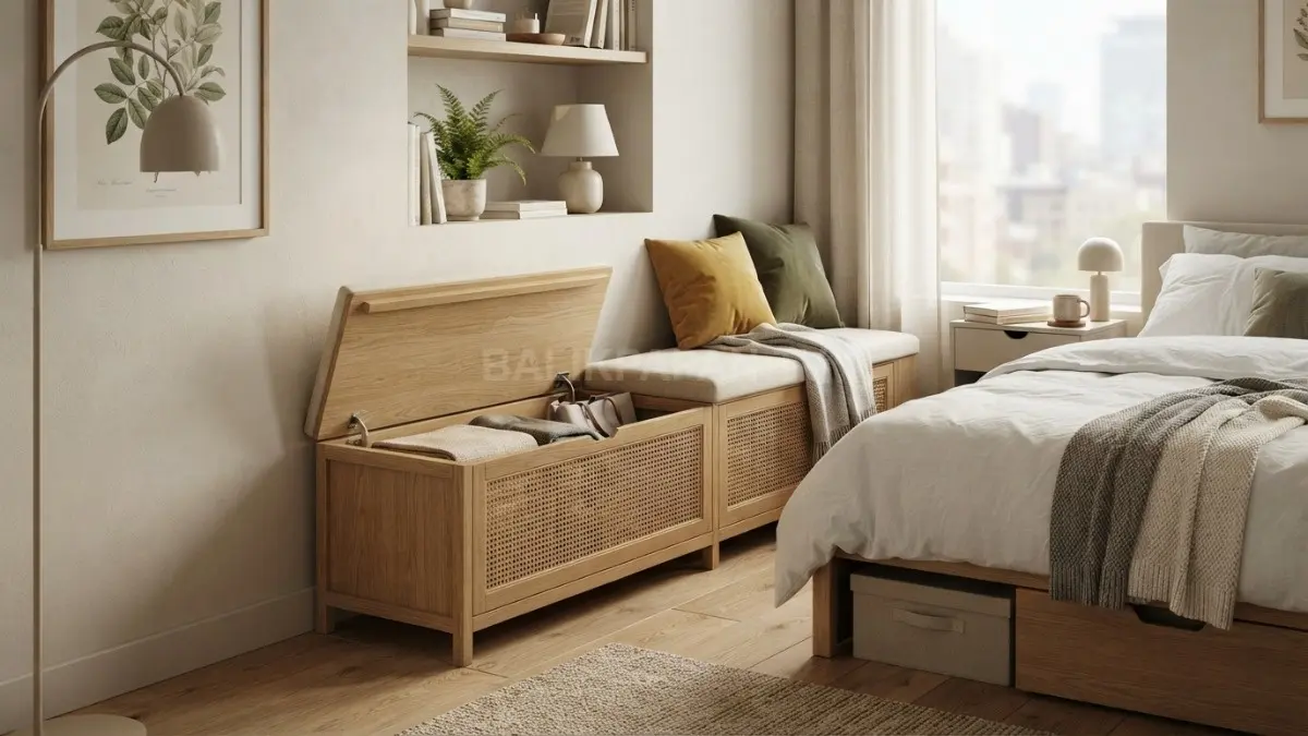 Storage bench memanfaatkan celah kamar sebagai tempat duduk sekaligus penyimpanan selimut, bantal, tas, dan perlengkapan. (BTV/AI)