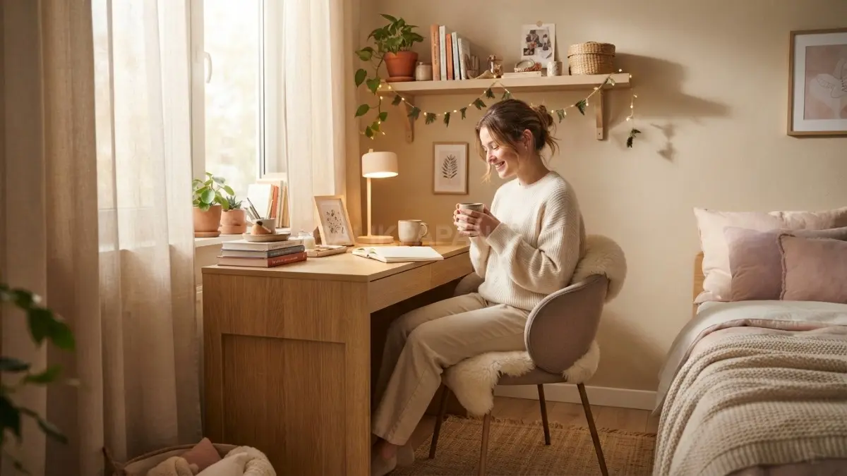Sudut kamar bergaya mini café menghadirkan meja mungil, kursi nyaman, rak dekoratif, dan pencahayaan hangat. (BTV/AI)