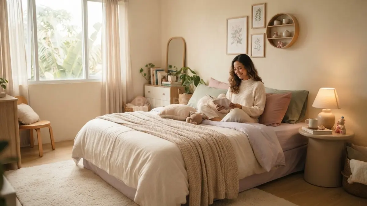 Sweet pastel bedroom memadukan warna lembut, material natural, dan aksesori playful untuk menciptakan suasana manis seimbang. (BTV/AI)