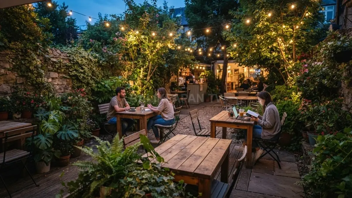 Taman belakang bernuansa cafe menghadirkan suasana santai melalui furnitur kayu, tanaman hijau, dan pencahayaan hangat. (BTV/AI)

