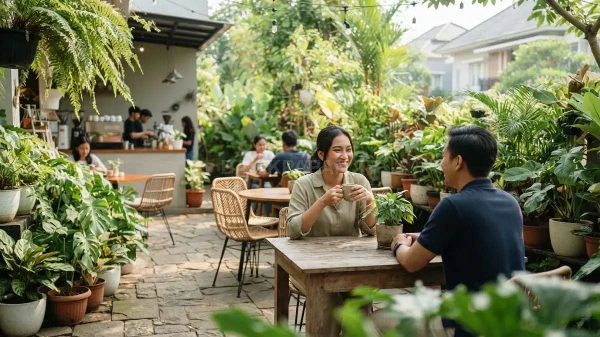 Taman belakang terasa lebih hidup dengan tanaman hijau yang ditata rapi, menciptakan suasana cafe rumahan nyaman (BTV/AI)
