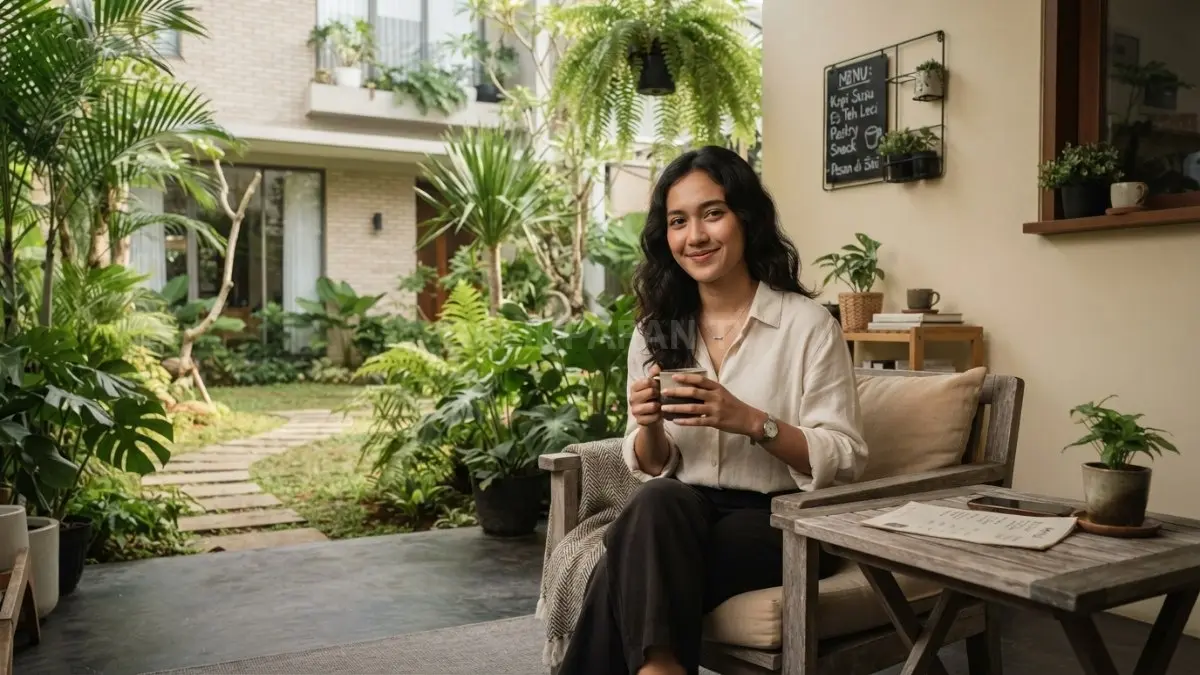 Tambahkan dekorasi secukupnya dengan warna natural agar taman terasa hangat, nyaman, estetik, dan tetap fungsional (BTV/AI)

