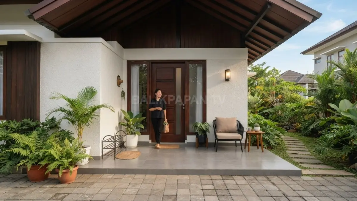 Teras depan 1,8 meter dirancang teduh dengan furnitur ramping, sirkulasi jelas, dan akses utama tetap lapang. (BTV/AI)