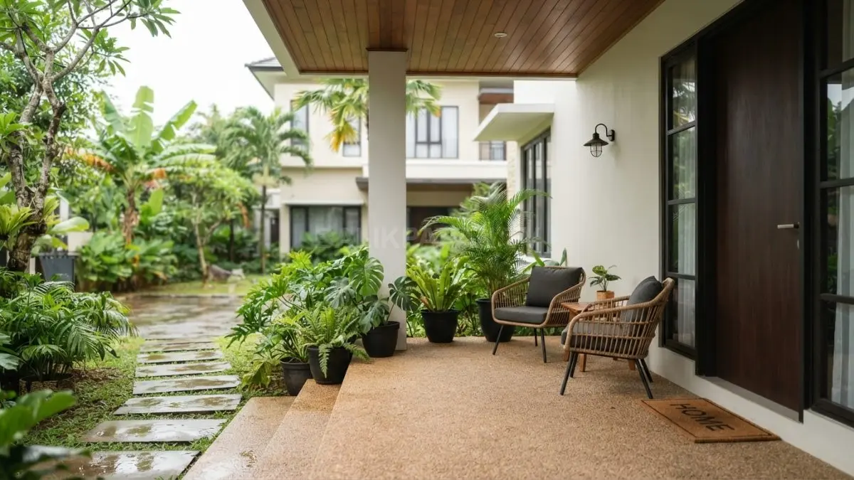 Teras depan 1,8 meter menciptakan ruang transisi nyaman, teduh, tertata, dan fungsional sebelum memasuki rumah. (BTV/AI)