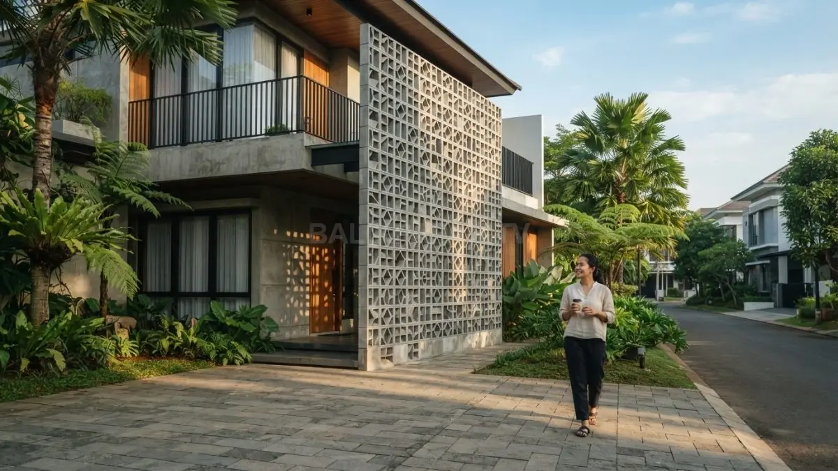 Warna roster natural dan pola geometris mampu memperkuat karakter fasad rumah tropis secara elegan serta proporsional. (BTV/AI)
