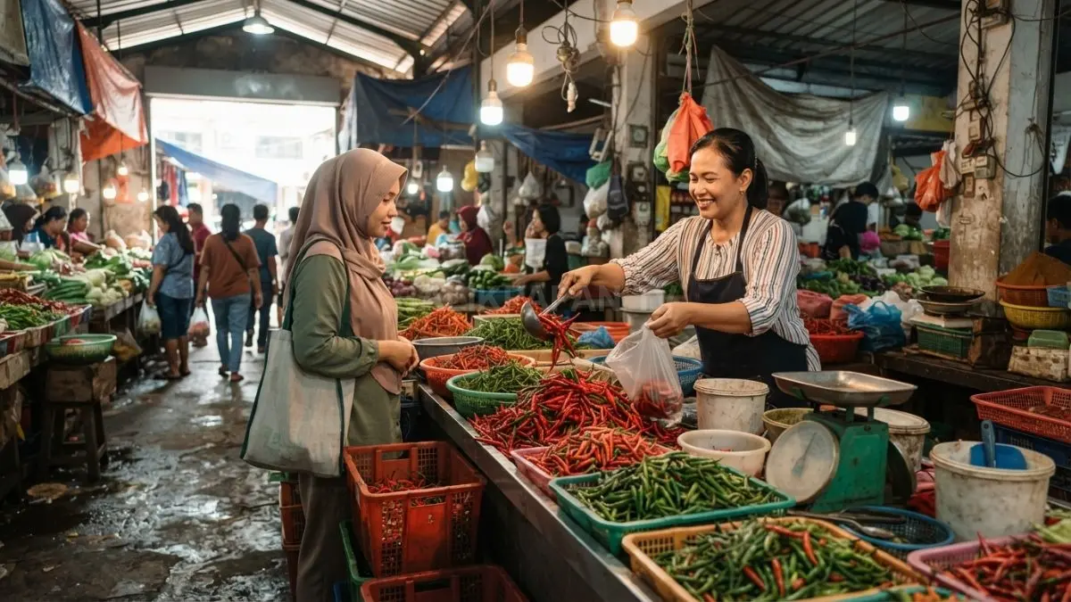 Pedagang menata cabai rawit di Pasar Taman Rawa Indah Bontang saat harga mencapai Rp95 ribu per kilogram.