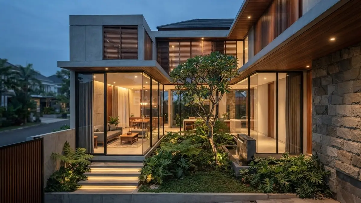 Rumah kontemporer courtyard menghadirkan taman tengah, dinding kaca, material natural, serta pencahayaan alami yang harmonis. (BTV/AI)
