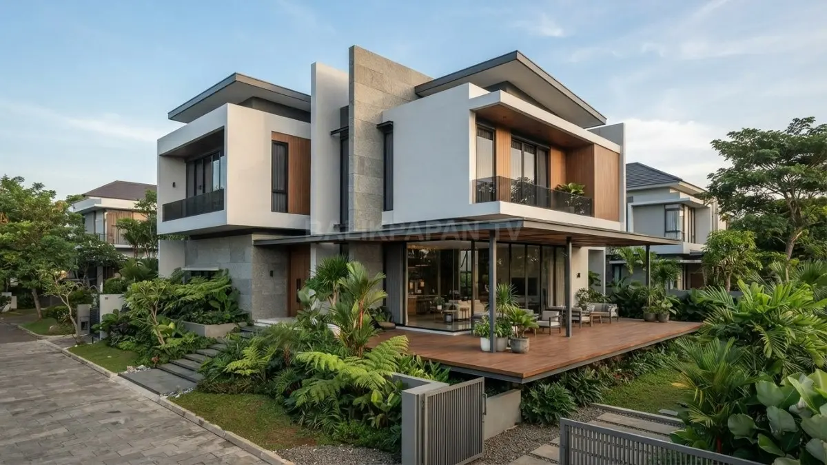 Rumah kontemporer geometris memadukan massa bangunan tegas, material natural, kaca besar, dan taman sebagai elemen utama. (BTV/AI)