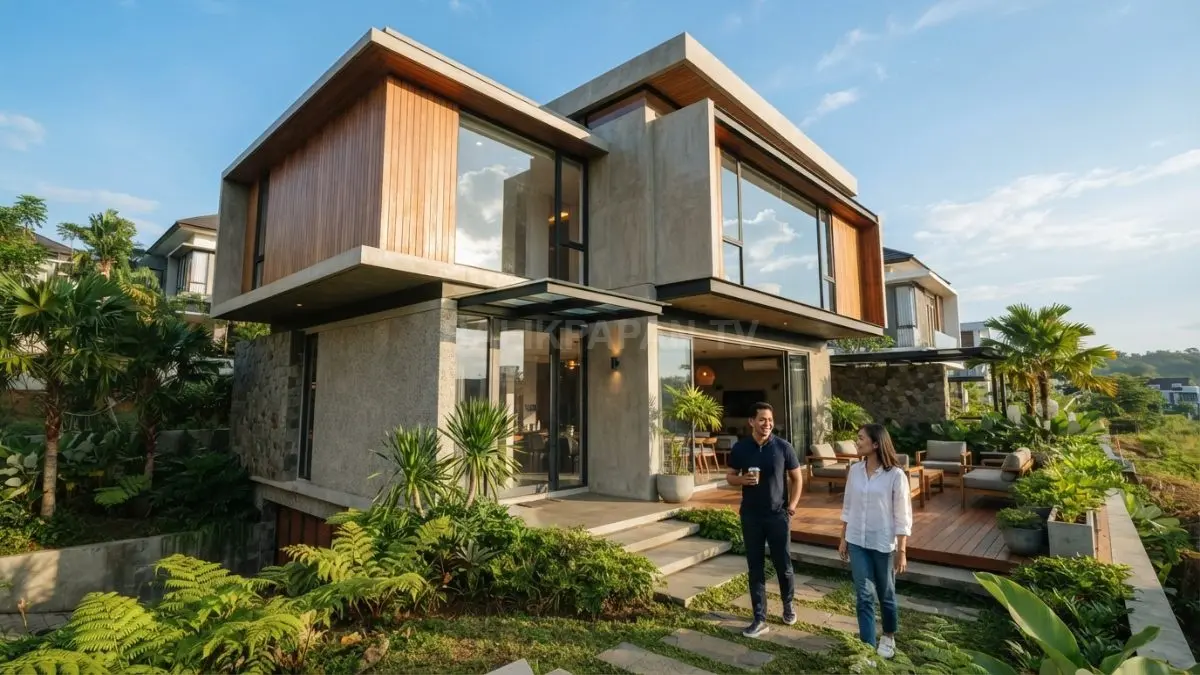 Rumah kontemporer geometris memadukan permainan massa bangunan, material natural, kaca, dan pencahayaan alami secara harmonis. (BTV/AI)