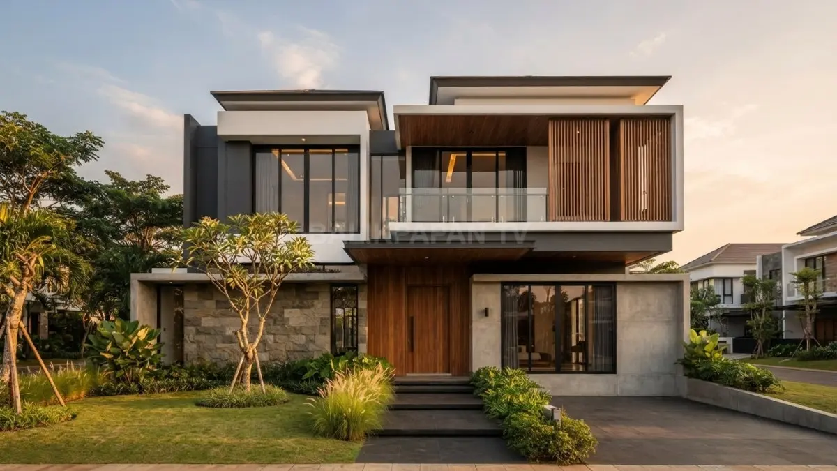 Rumah kontemporer monokrom memadukan fasad hitam putih, aksen kayu, kaca, dan taman minimalis berkarakter elegan. (BTV/AI)
