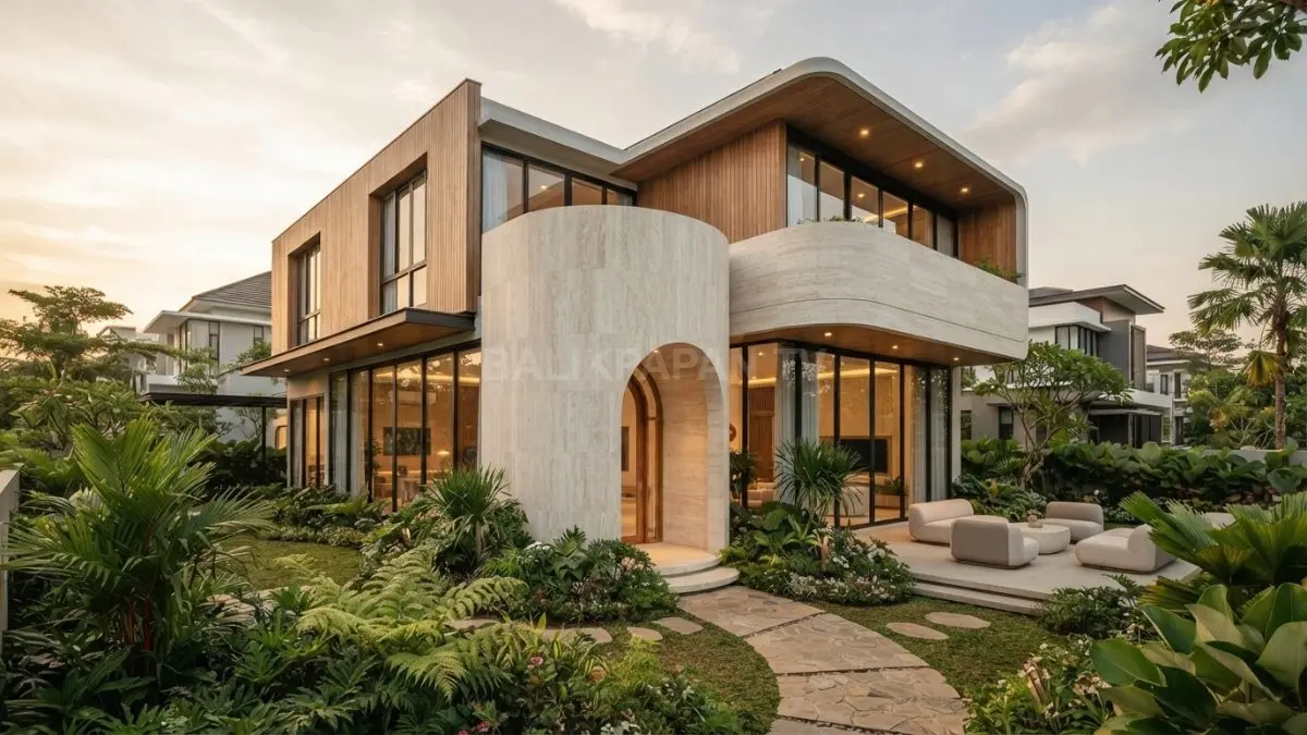 Rumah kontemporer organik memadukan bentuk lengkung, material natural, kaca, taman, dan pencahayaan lembut untuk hunian modern. (BTV/AI)