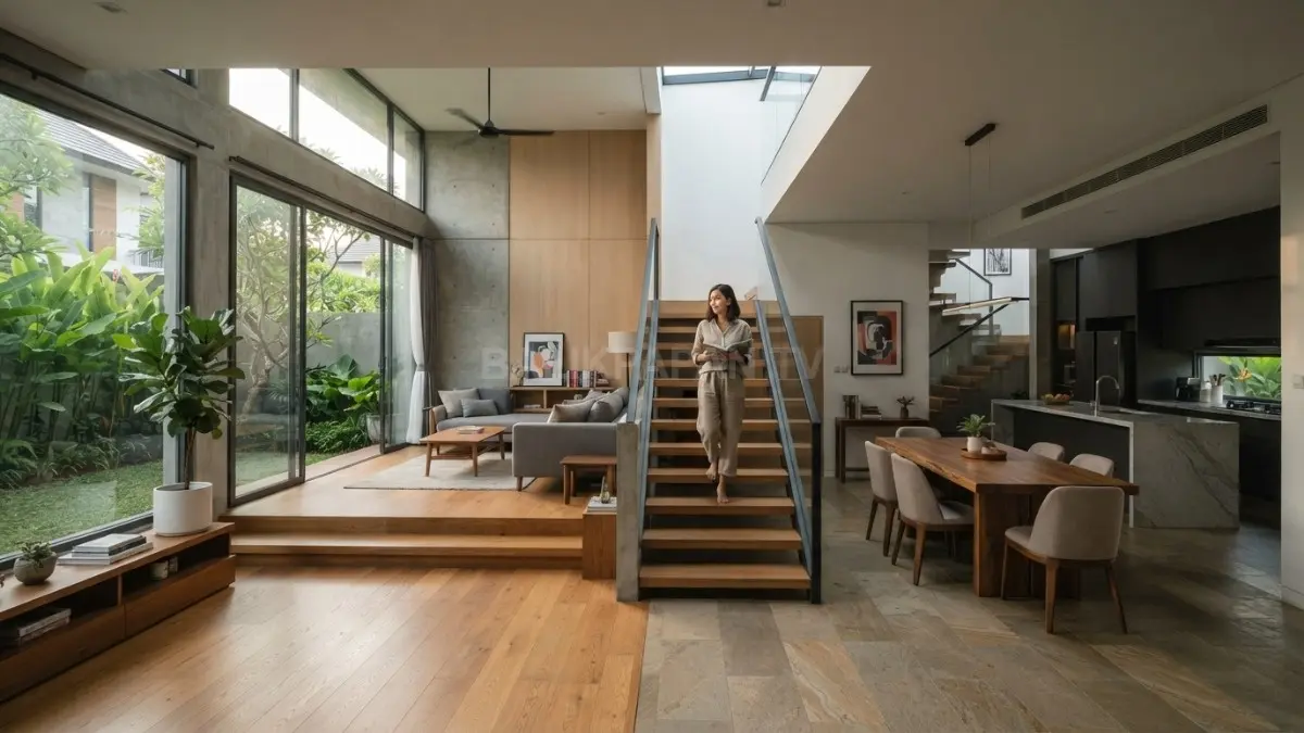 Rumah kontemporer split-level menghadirkan perbedaan ketinggian lantai, material natural, kaca, serta ruang terbuka dinamis modern. (BTV/AI)