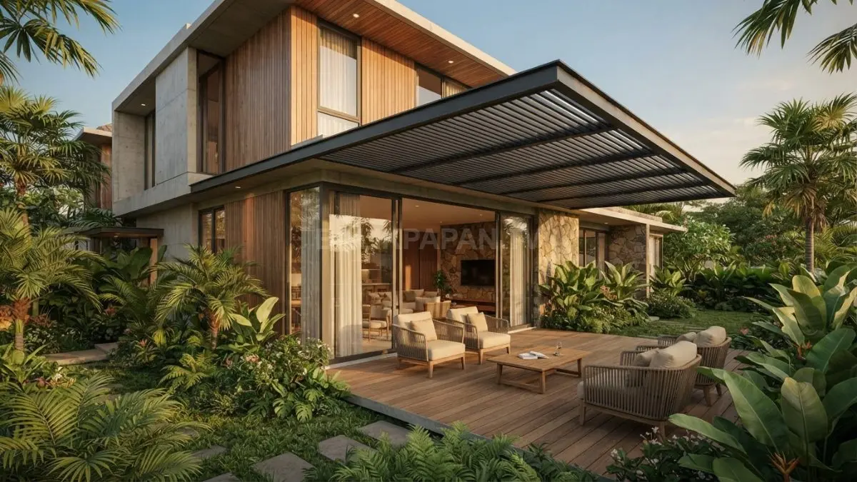 Rumah kontemporer tropis memadukan teras, taman hijau, material natural, kaca, serta fasad modern yang harmonis. (BTV/AI)