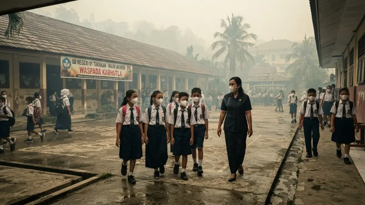 Aktivitas belajar tatap muka di sekolah-sekolah Kota Tarakan masih berjalan meski kualitas udara terdampak asap karhutla. Dinas Pendidikan menyebut kondisi udara masih dalam kategori sedang, namun sekolah diminta membatasi kegiatan outdoor dan menyiapkan masker sebagai langkah antisipasi. (BTV/AI) (SEPTIAN ASMADI/HRK)