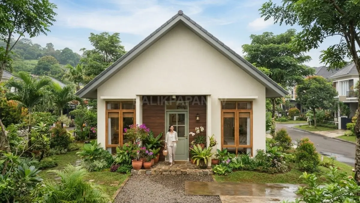 Atap pelana sederhana, warna natural, pintu kayu, dan taman kecil menciptakan karakter cottage yang hangat serta romantis (BTV/AI)
