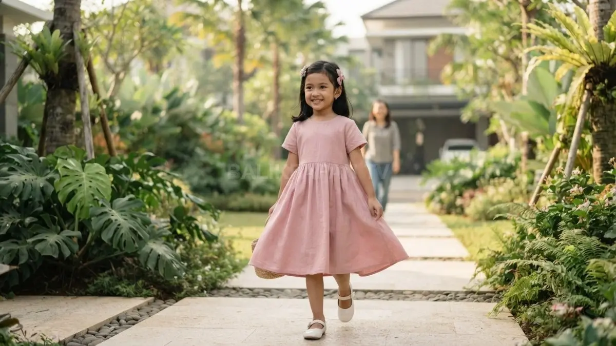 Dress A-line pastel membuat anak tampil manis, nyaman bergerak, dan mudah dipadukan dengan aksesori sederhana untuk berbagai acara. (BTV/AI)
