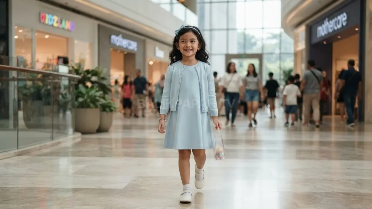 Dress biru pastel, aksesori sederhana, dan sepatu nyaman menciptakan gaya Cinderella yang manis untuk anak saat menghadiri event. (BTV/AI)
