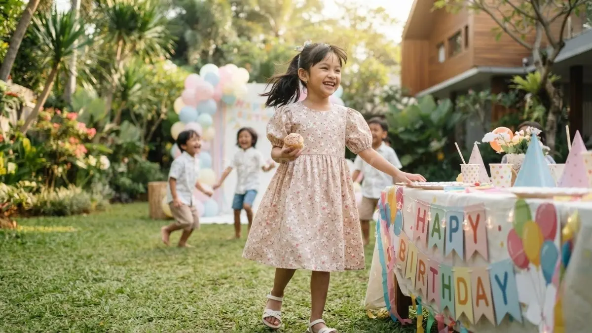 Dress floral bernuansa pastel membuat pesta ulang tahun siang terasa ceria, ringan, nyaman, dan tetap fotogenik (BTV/AI)
