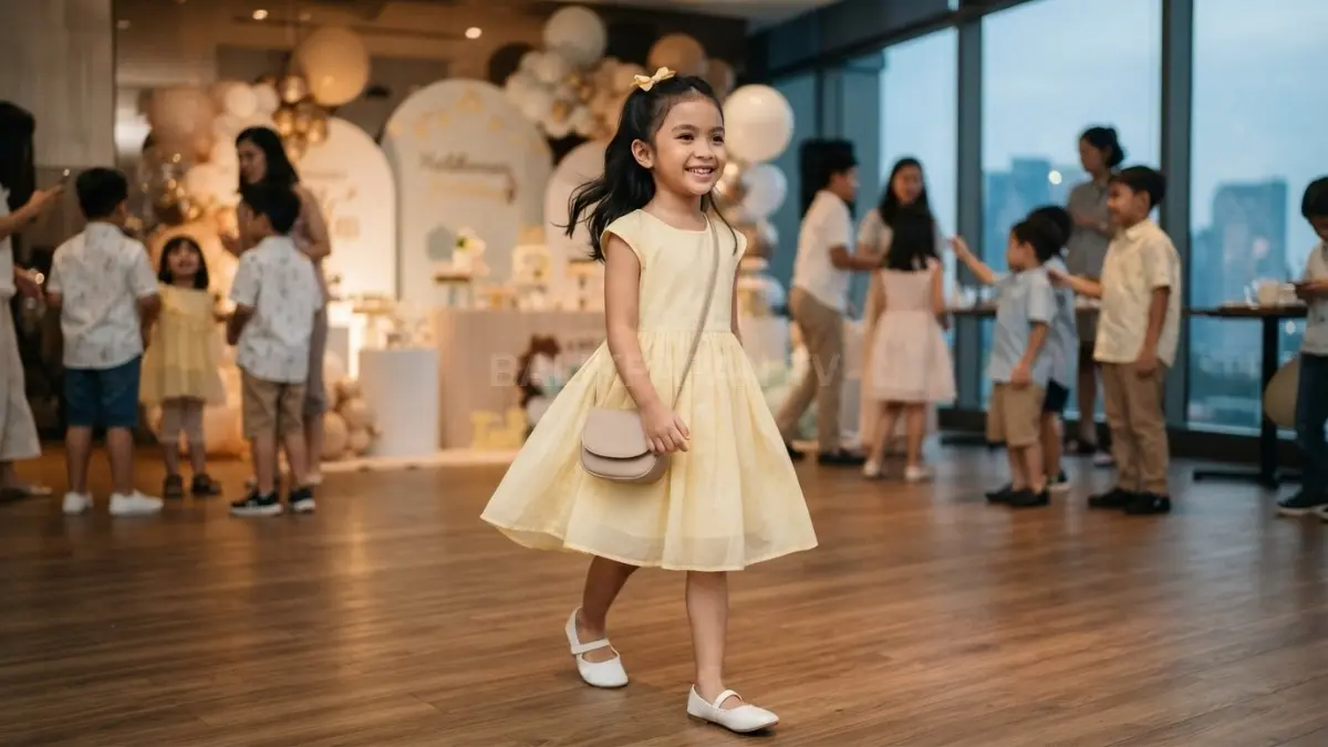 Dress kuning, pita rambut, dan sepatu nyaman membuat gaya anak semakin anggun saat menghadiri event. (BTV/AI)
