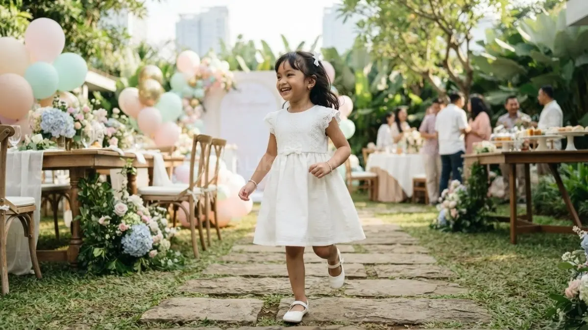 Dress putih atau cream menghadirkan gaya elegan, klasik, nyaman, dan mudah dipadukan untuk berbagai acara anak (BTV/AI)
