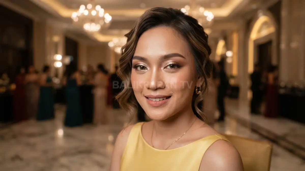 Eyeshadow champagne dan gold menciptakan nuansa ballroom elegan, hangat, dan memesona untuk makeup Belle. (BTV/AI)
