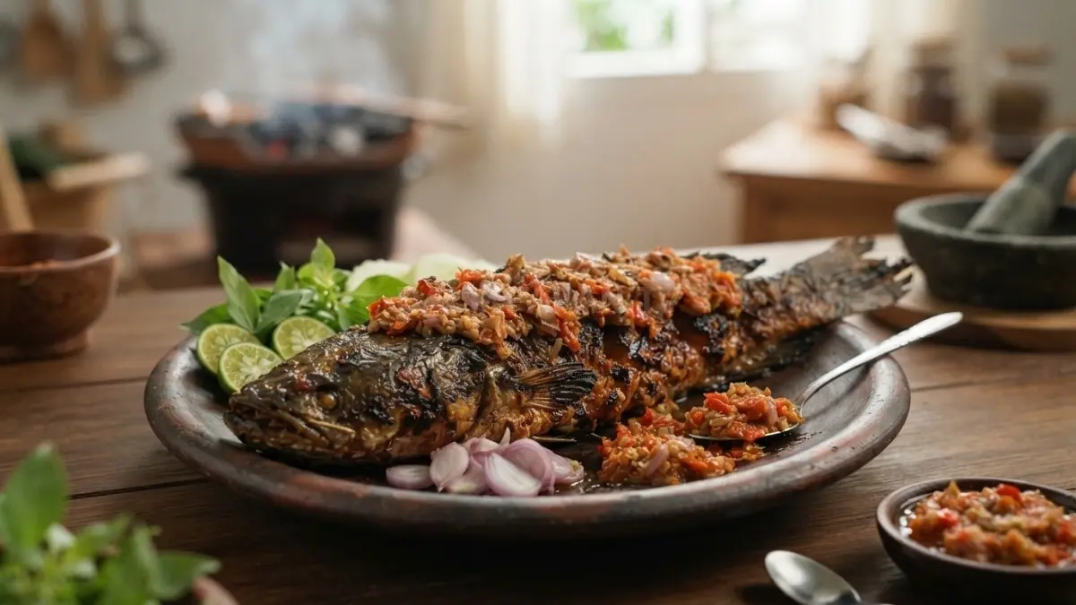 Gence ruan khas Kutai berupa ikan gabus bakar disiram sambal kasar merah dengan nasi putih hangat. (BTV/AI)