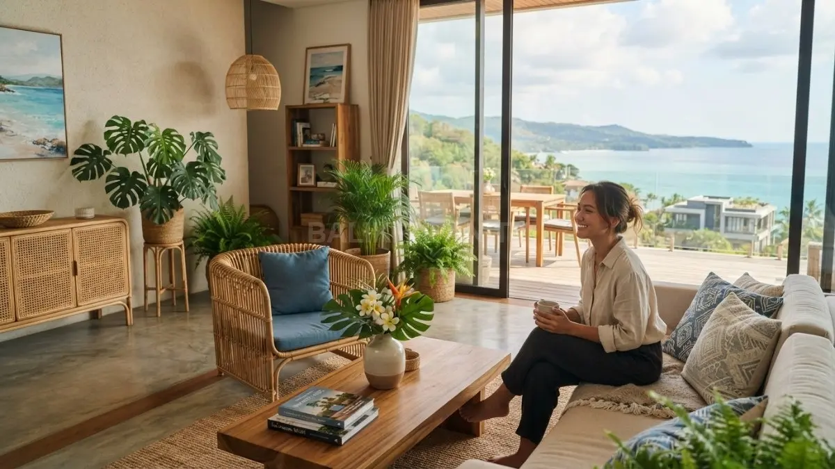 Interior rumah tropis hadir dengan biru, beige, kayu natural, rotan, tanaman hijau, dan pencahayaan hangat. (BTV/AI)
