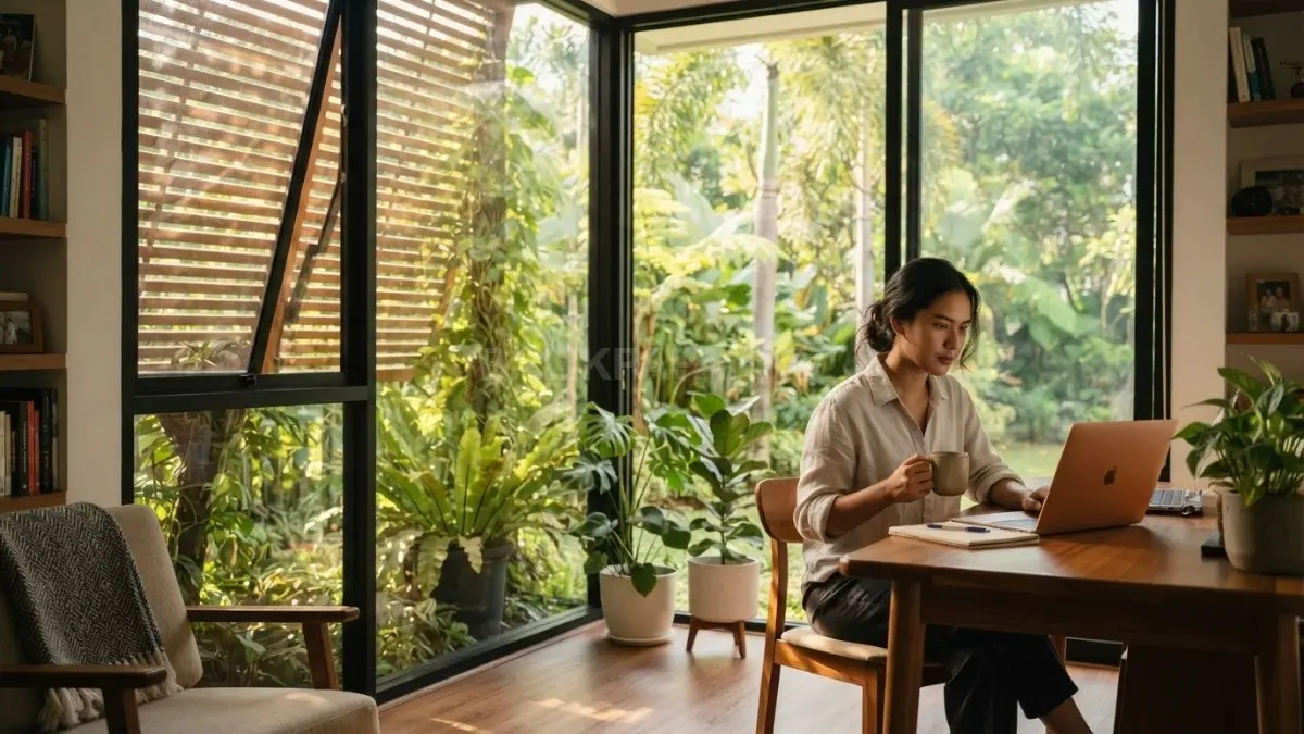 Jendela rumah tropis memadukan cahaya alami, pelindung eksterior, serta tanaman hijau untuk membantu menjaga suhu ruang tetap nyaman. (BTV/AI)

