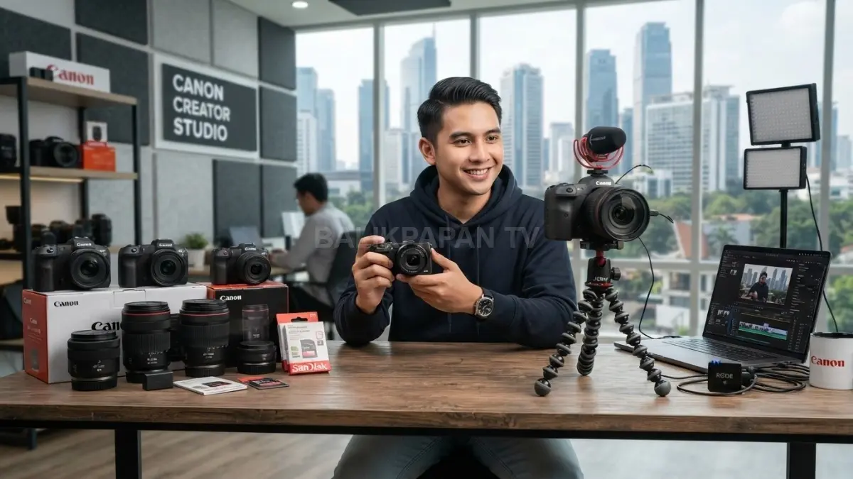 Kamera dan perangkat Canon mendukung kebutuhan content creator menghasilkan vlog, video review, hingga konten media sosial menarik. (BTV/AI)
