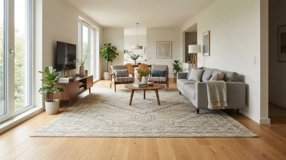 Karpet menyatukan sofa dan kursi, menciptakan area duduk yang lebih proporsional, rapi, dan terasa luas. (BTV/AI)