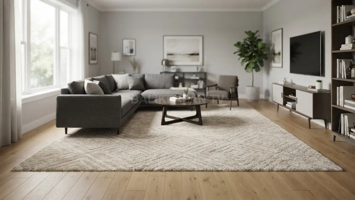Karpet proporsional menyatukan sofa dan meja, menyisakan jarak dinding agar ruang tamu terasa lega. (BTV/AI)