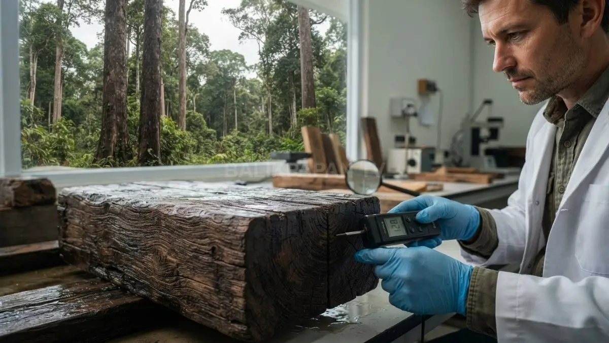 Kayu ulin Kalimantan memiliki keawetan alami tinggi, tahan rayap, pembusukan, serta kondisi lingkungan ekstrem. (BTV/AI)