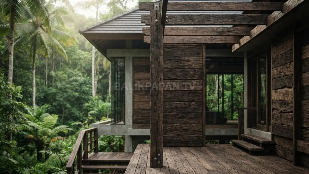Kayu ulin Kalimantan menjadi material rumah tropis kuat, awet alami, dan tahan terhadap kelembapan lingkungan. (BTV/AI)