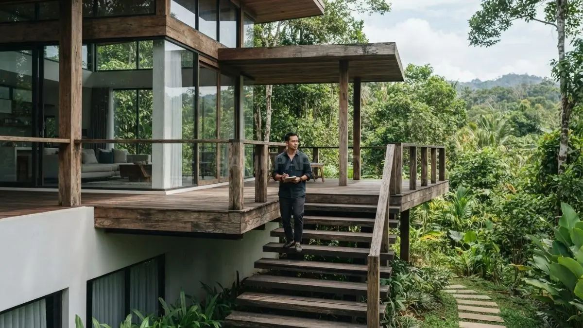 Kayu ulin pada rumah modern menghadirkan ketahanan alami dan karakter khas Kalimantan melalui lantai, tangga, serta elemen eksterior. (BTV/AI)