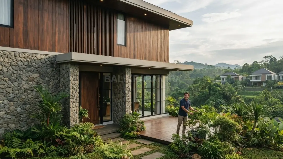 Kombinasi batu dan kayu menghadirkan fasad rumah natural, hangat, kokoh, serta menyatu dengan suasana pedesaan (BTV/AI)
