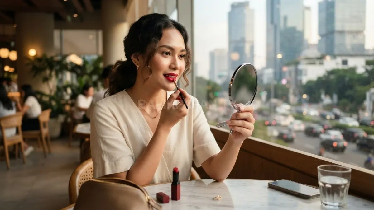 Lipstik merah klasik memperkuat karakter Belle dengan kesan anggun, feminin, dan elegan untuk acara bertema Disney. (BTV/AI)
