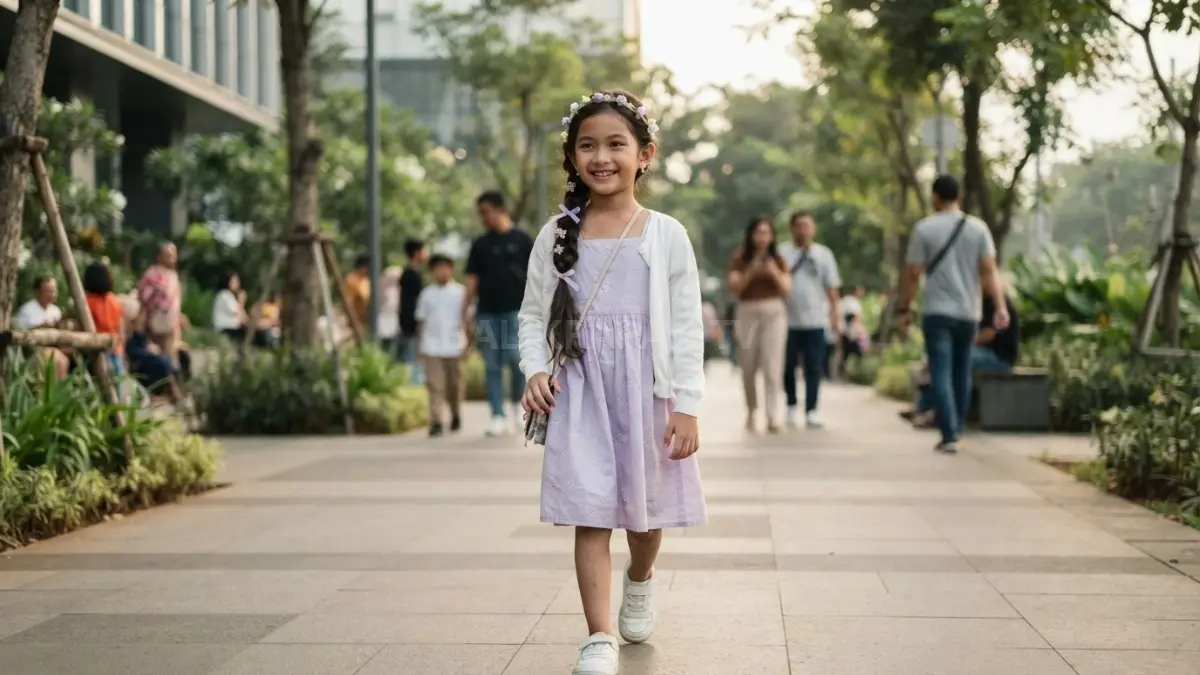 Outfit Rapunzel dengan dress ungu dan aksesori rambut sederhana menciptakan tampilan manis, nyaman, dan tetap elegan untuk event. (BTV/AI)
