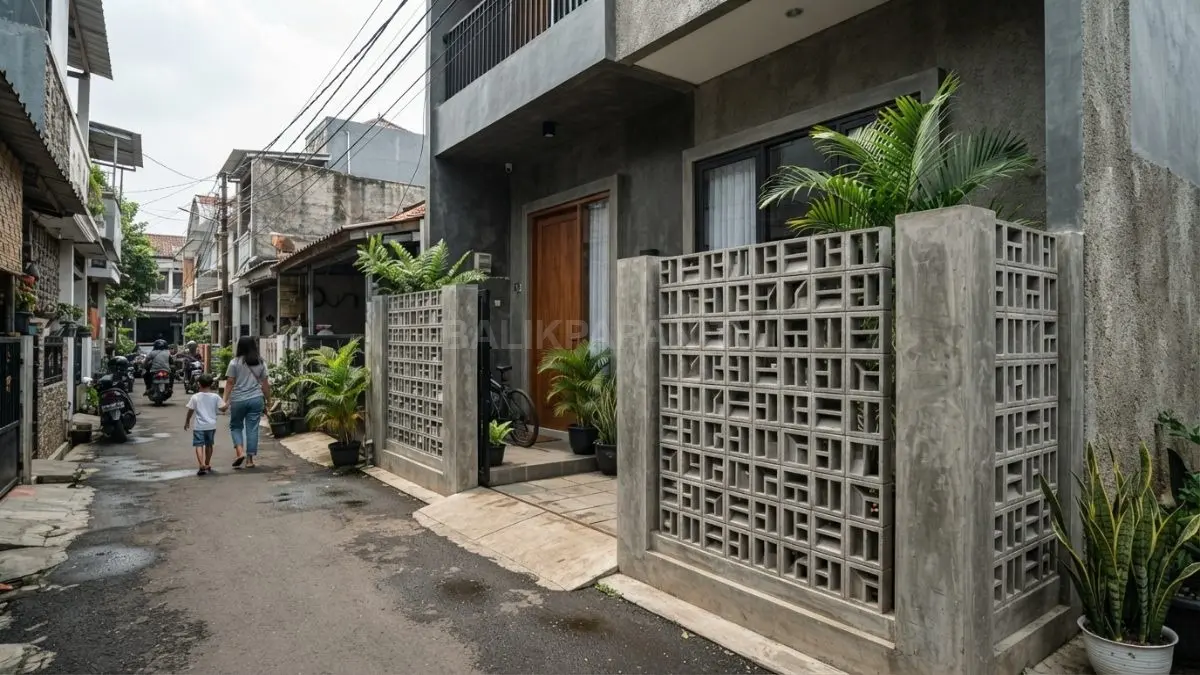 Pagar roster beton rumah kampung di gang sempit dengan teras kecil, tanaman hijau, dan fasad minimalis yang fungsional. (BTV/AI)