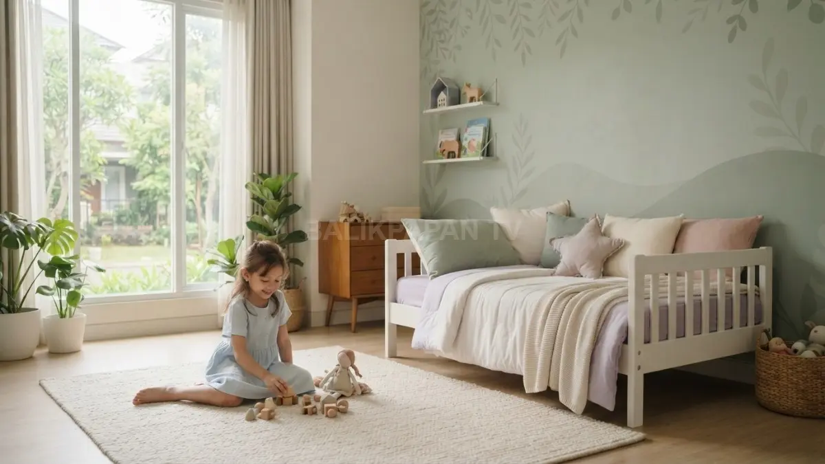 Palet lembut dan aksen sederhana mampu menciptakan kamar anak bernuansa negeri dongeng yang nyaman serta fleksibel (BTV/AI)
