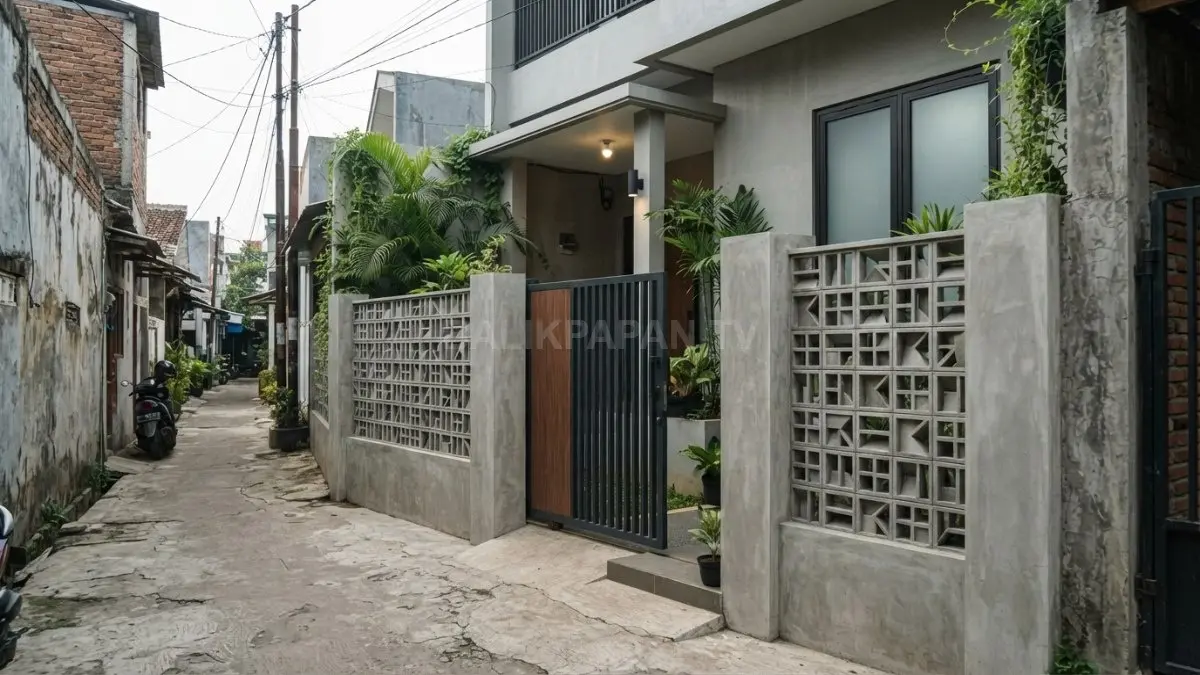 Panel roster di antara tiang beton menciptakan komposisi pagar proporsional, ringan, dan selaras dengan fasad rumah. (BTV/AI)