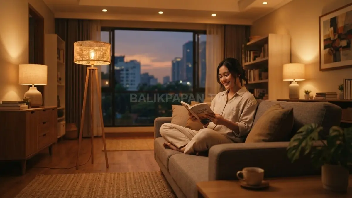Pencahayaan warm white menciptakan suasana hangat, nyaman, dan menenangkan seperti senja di rumah tropis. (BTV/AI)
