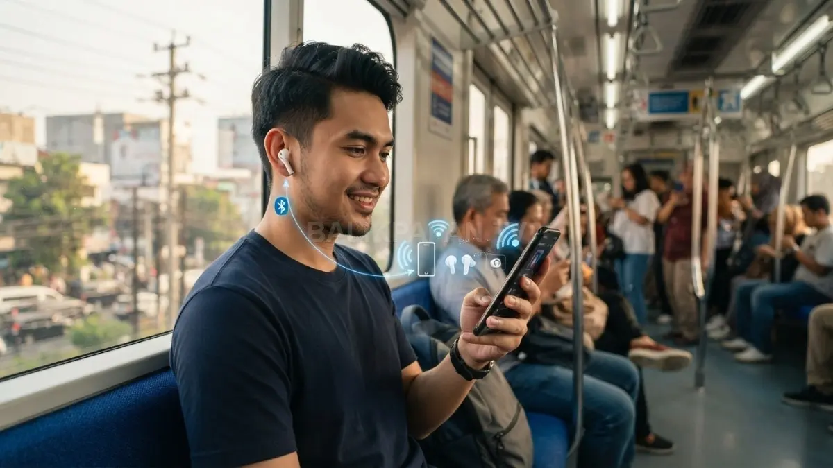 Pengguna memakai TWS sambil memegang smartphone, dikelilingi simbol Bluetooth dan perangkat wireless yang aktif. (BTV/AI)