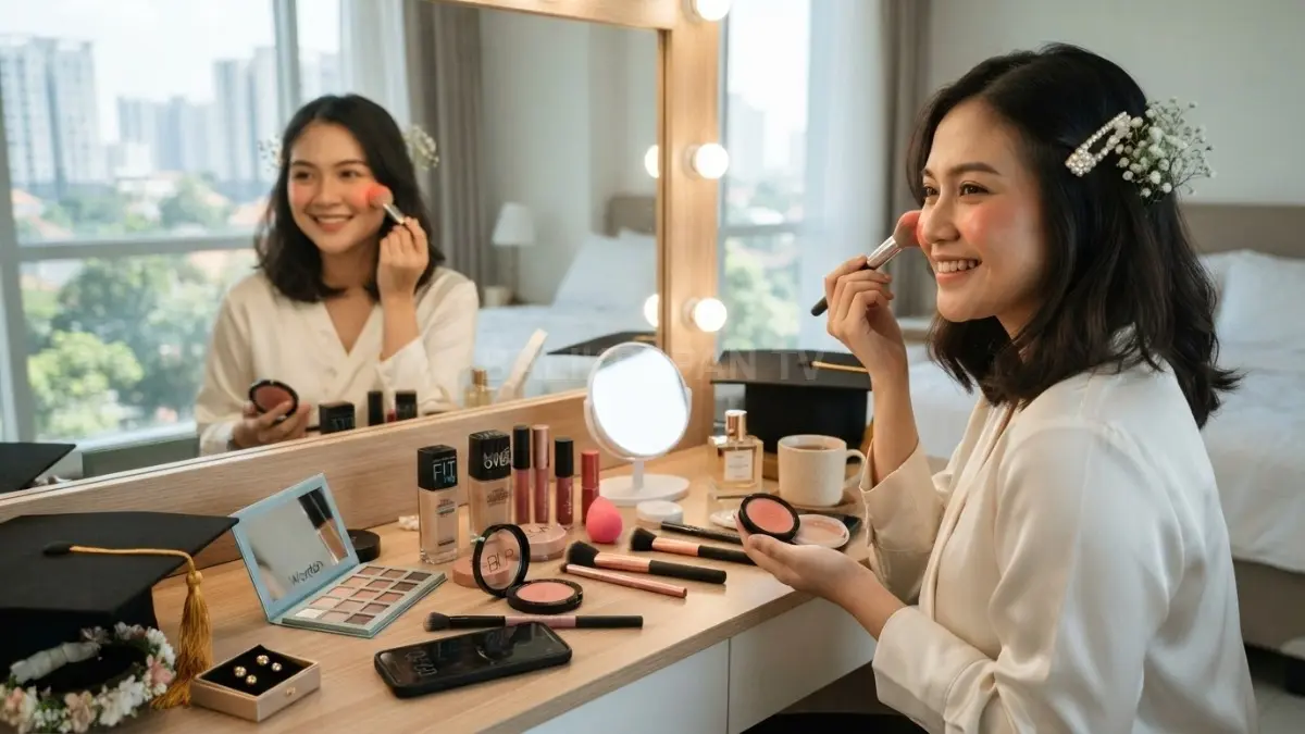 Persiapan makeup wisuda lengkap dengan complexion, blush, lipstik, dan aksesori kecantikan untuk tampil memukau (BTV/AI)

