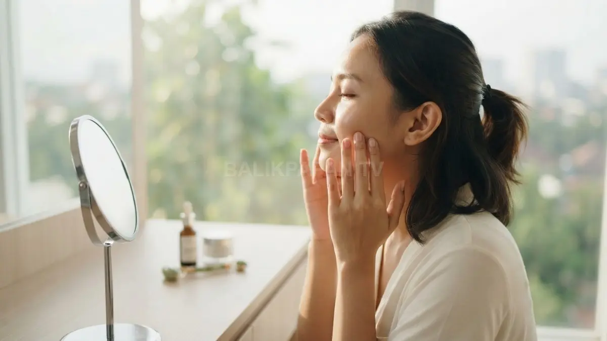 Pijat wajah ringan menggunakan ujung jari membantu memberikan stimulasi mekanis pada kulit dalam rutinitas pagi sederhana. (BTV/AI)
