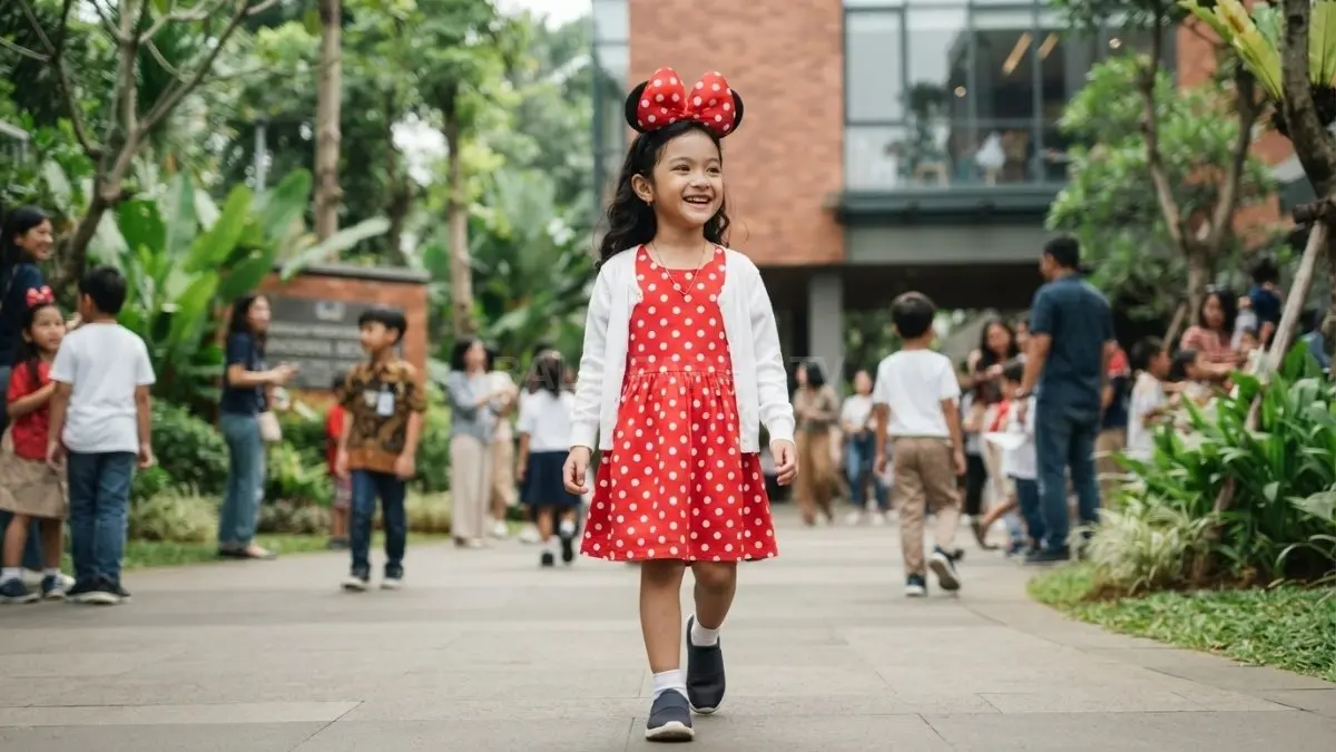 Polkadot merah, aksesori sederhana, dan sepatu nyaman membuat outfit anak ceria untuk berbagai acara. (BTV/AI)
