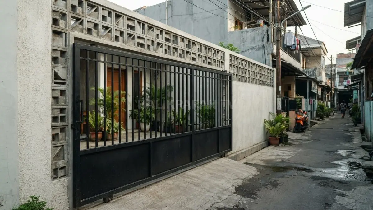 Roster beton berpadu besi menciptakan pagar rumah kampung yang ringan, natural, bertekstur, dan tetap memberi privasi. (BTV/AI)